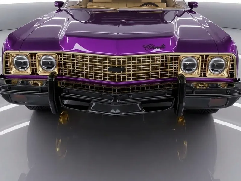 Quad round headlamps and gold mesh grille on the donk.
