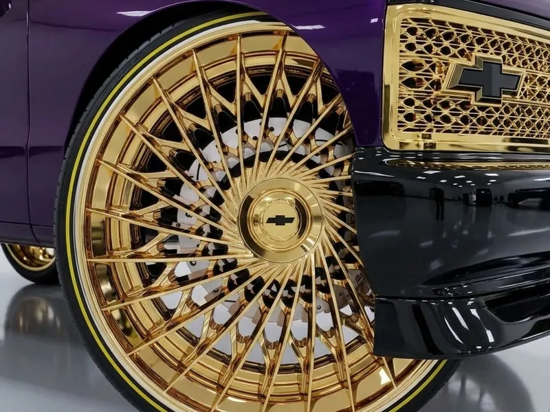 Gold wire-spoke wheel on a low-profile tire.