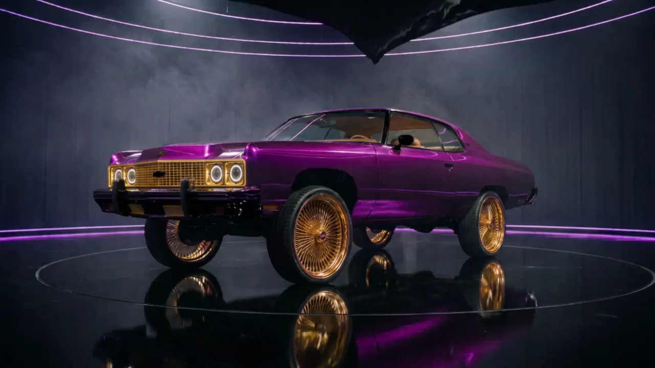 The EDONKS E1 — a candy-purple 1973 Impala donk on gold wire wheels (concept render).